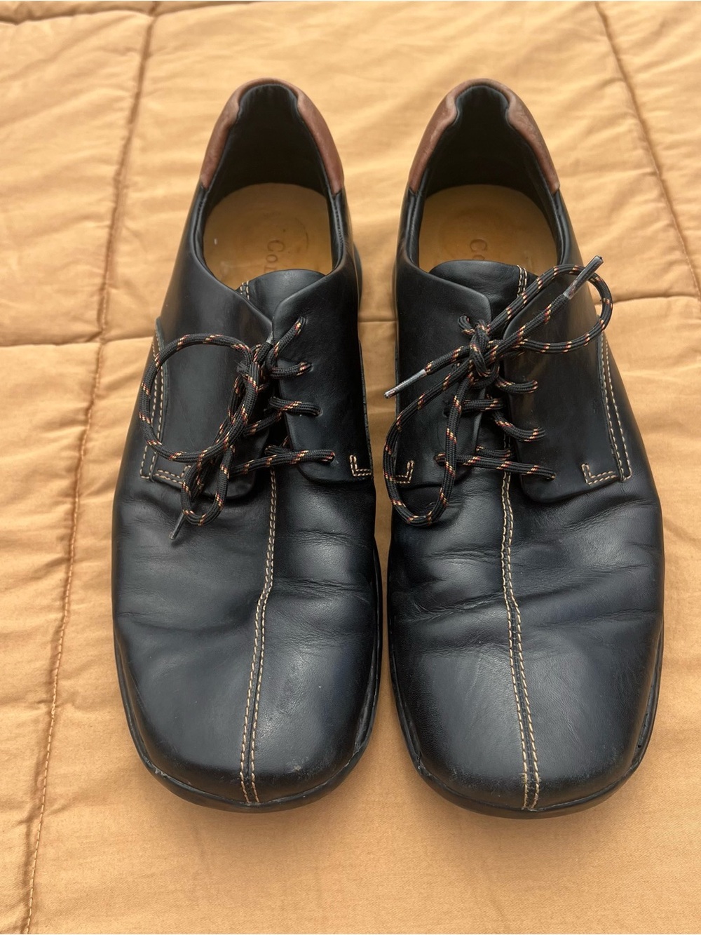 Cole Haan Zeno Black Leather Lace-Up Loafers with Brown Trim Size 9.5